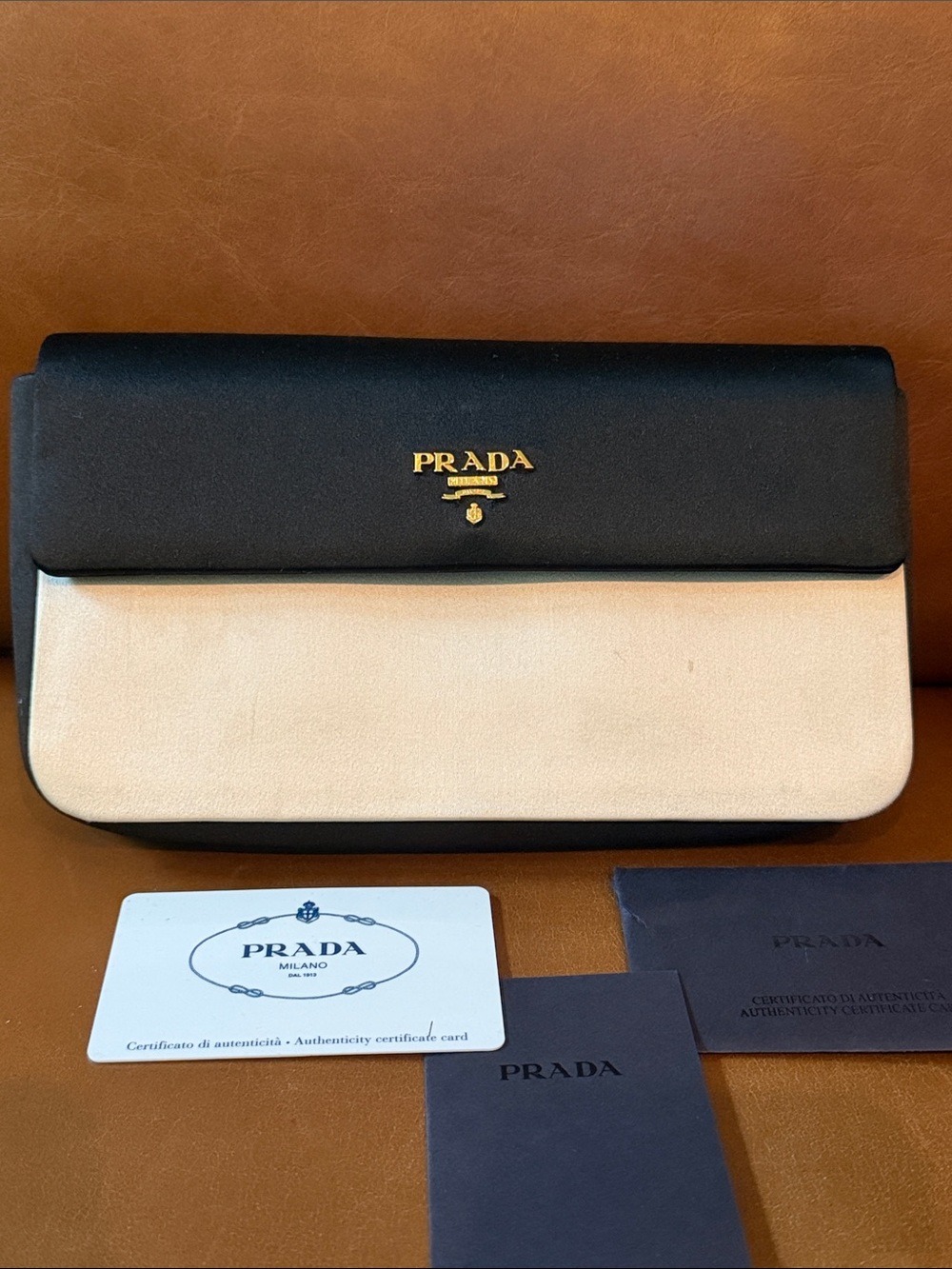 Prada Black Ivory Satin Evening Clutch Bag Gold Logo BP394B